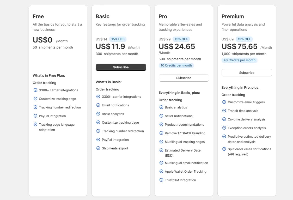 17TRACK in-app plan table showing Free, Basic, Pro and Premium plans with shipment limits, a 15% first-month discount and the features in each plan