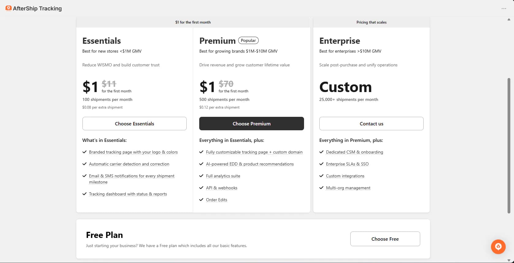 AfterShip in-app pricing with Essentials and Premium at $1 for the first month, regular prices of $11 and $70, shipment limits, per-shipment overage fees, a custom Enterprise plan and a Free plan