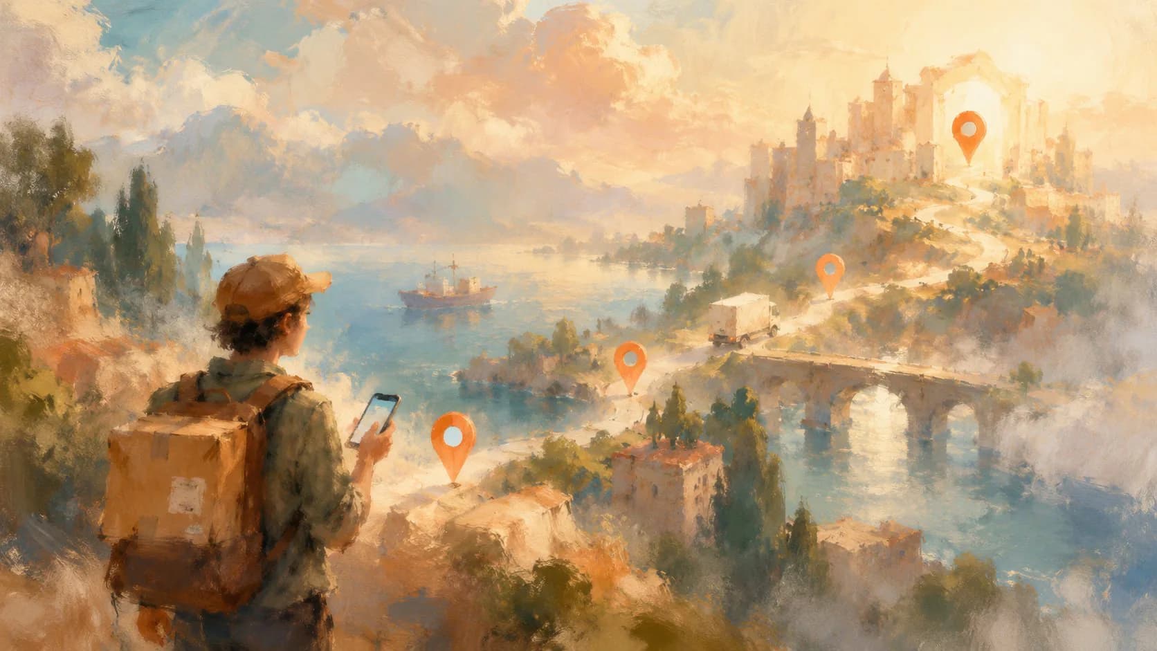 An impressionist painting of a courier with a parcel backpack checking a phone while a winding route marked with orange location pins leads past a ship, a truck and a bridge to a sunlit hilltop city.