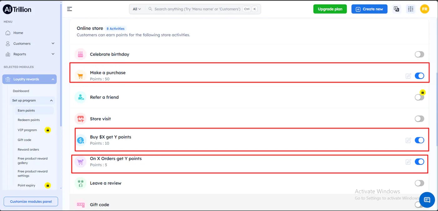 AiTrillion earn points activity list showing Make a purchase at 50 points, Buy 100 dollars get 10 points, and On X Orders get 5 points all enabled, with Refer a friend locked