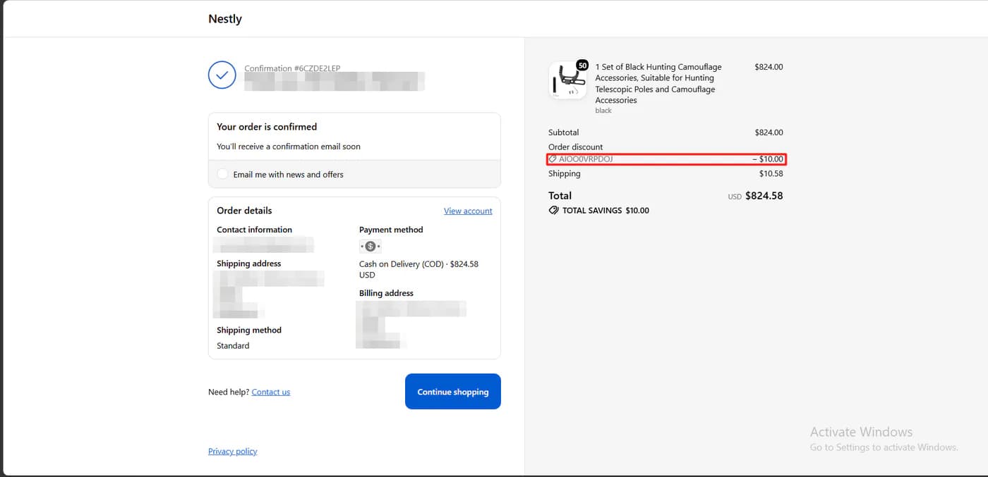 Shopify order confirmation showing an AiTrillion discount code applied as a 10 dollar order discount with total savings of 10 dollars and a total of 824.58