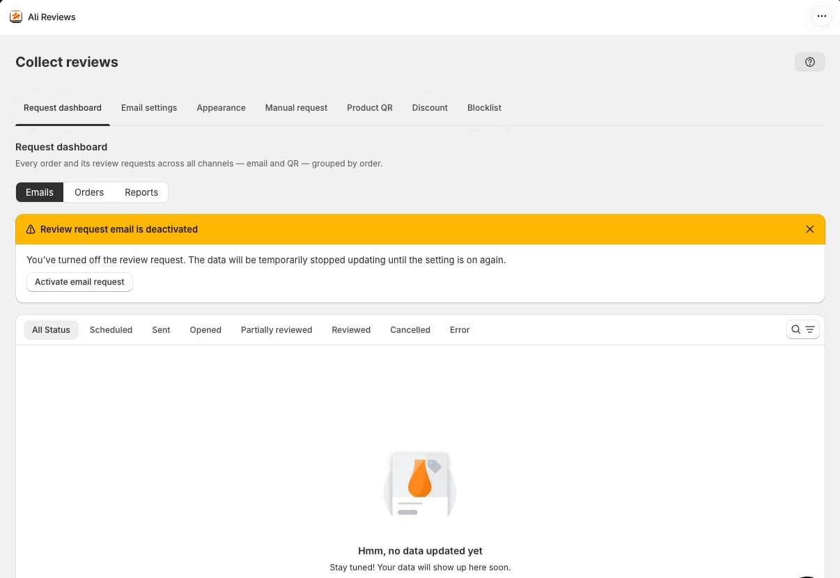 Ali Reviews Collect reviews page on the Request dashboard tab, with tabs for Email settings, Appearance, Manual request, Product QR, Discount and Blocklist, a banner reading Review request email is deactivated with an Activate email request button, status filters from Scheduled to Error, and an empty state with no data yet