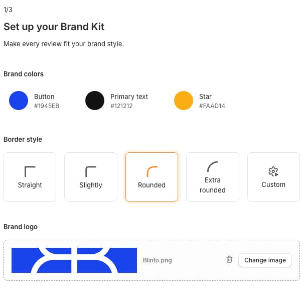 Ali Reviews setup step 1 of 3, Set up your Brand Kit, with brand colours for button, primary text and stars, five border style options from Straight to Custom with Rounded selected, and a brand logo upload showing an uploaded image with a Change image button