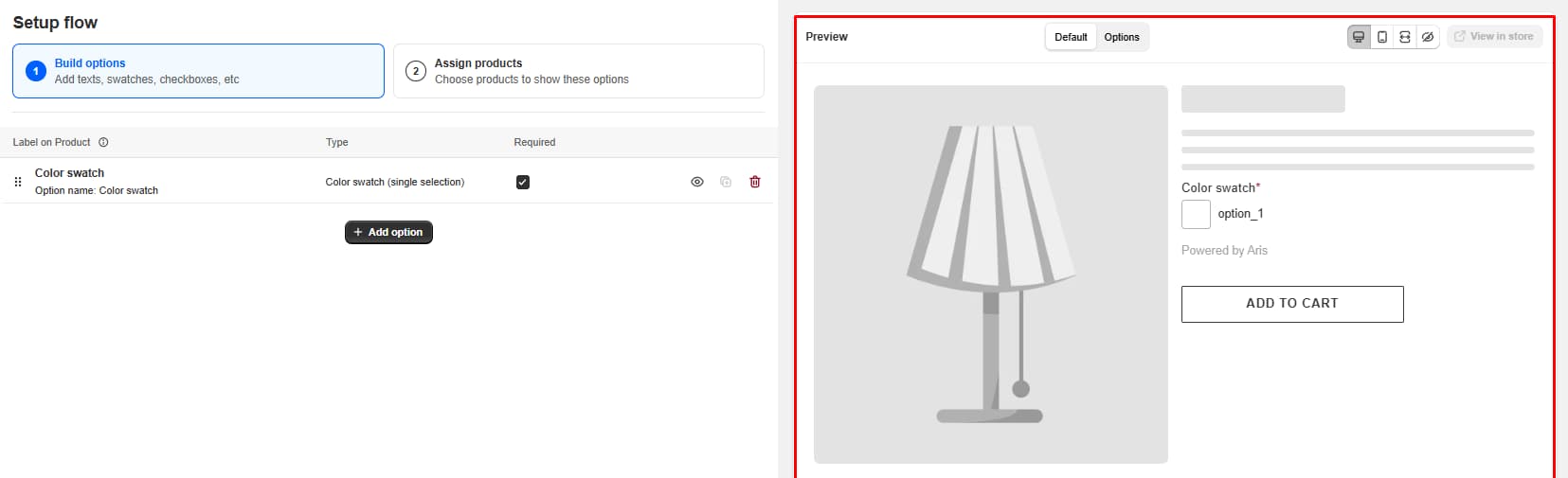 Aris Product Options option set editor with Build options and Assign products steps, a required Color swatch option, and a live preview of a product page showing the swatch above the Add to Cart button