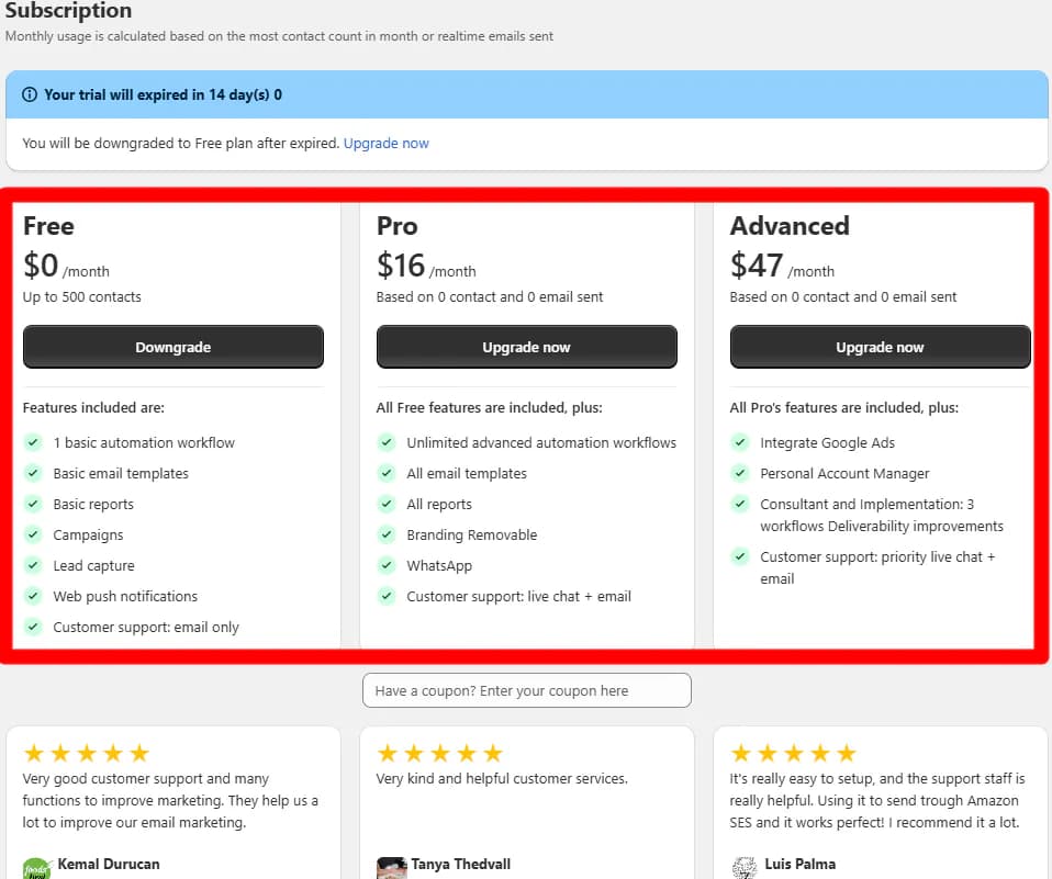 AVADA pricing plans shown in the app