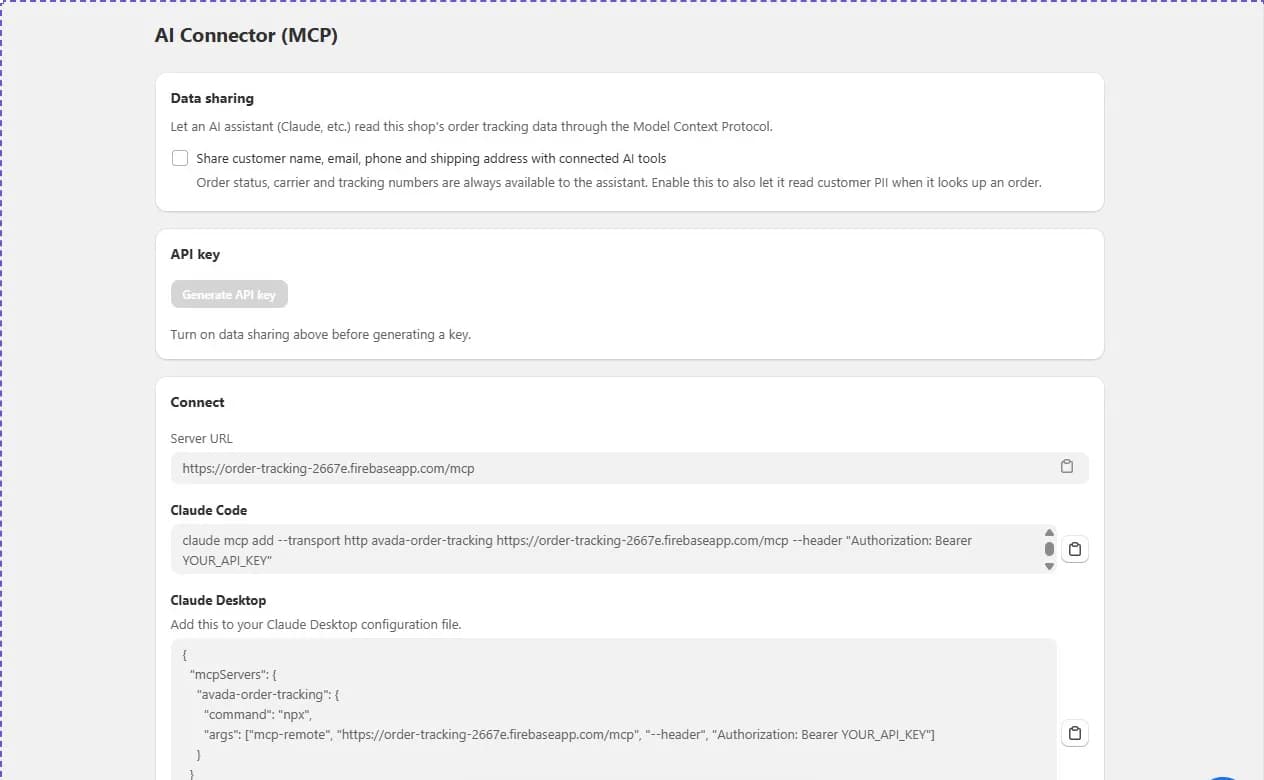 Avada AI Connector page with a Data sharing option for customer name, email, phone and shipping address, a disabled Generate API key button, and a Connect section with a server URL and setup commands for Claude Code and Claude Desktop