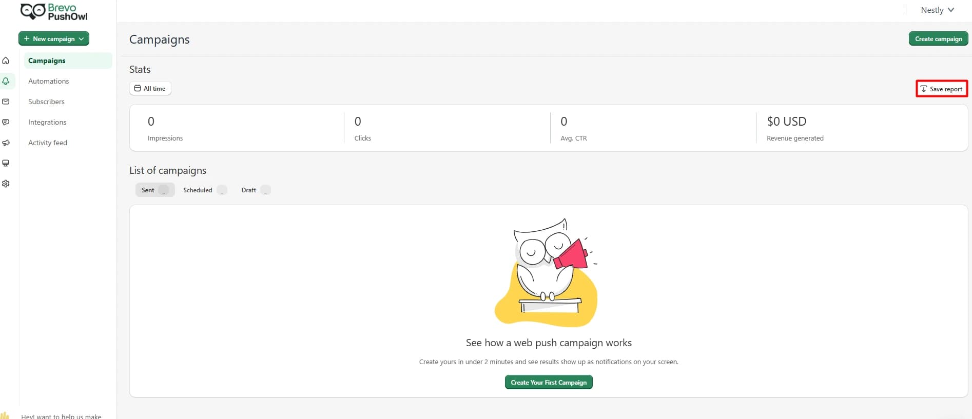 Brevo PushOwl campaign dashboard