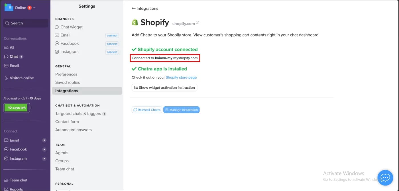 Chatra Shopify integration settings showing the Shopify account connected and the Chatra app installed, with reinstall and manage installation buttons