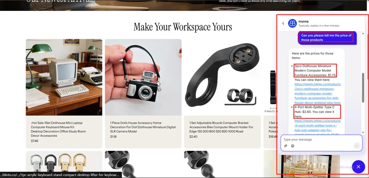 Commslayer chat answering a follow-up with prices for the suggested items: dollhouse computer models at 1.75 dollars and a USB-C hub at 2.60 dollars, while the 1.18 dollar camera is visible on the page