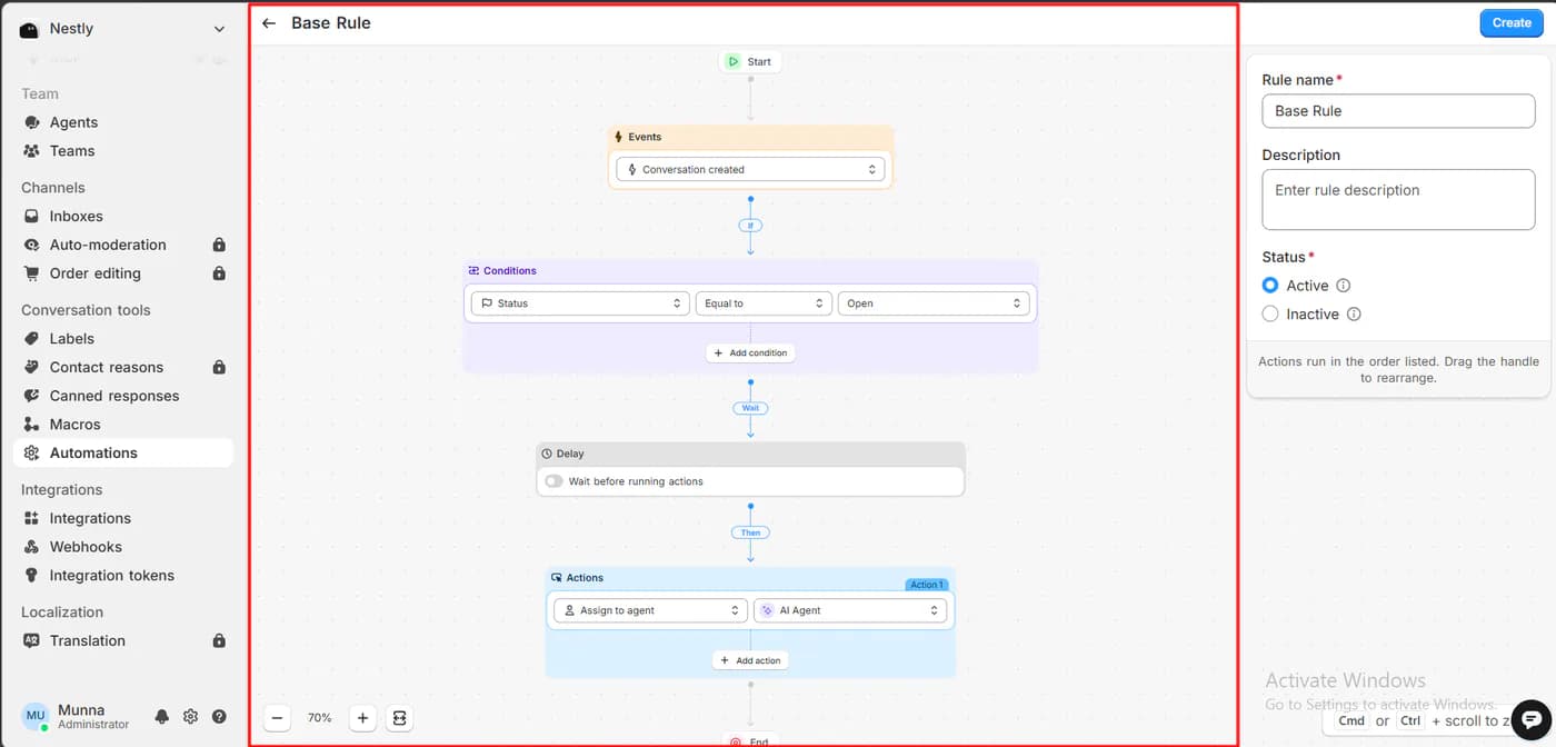Commslayer automation rule named base rule: when a conversation is created and its status is open, assign it to the AI agent, set to active