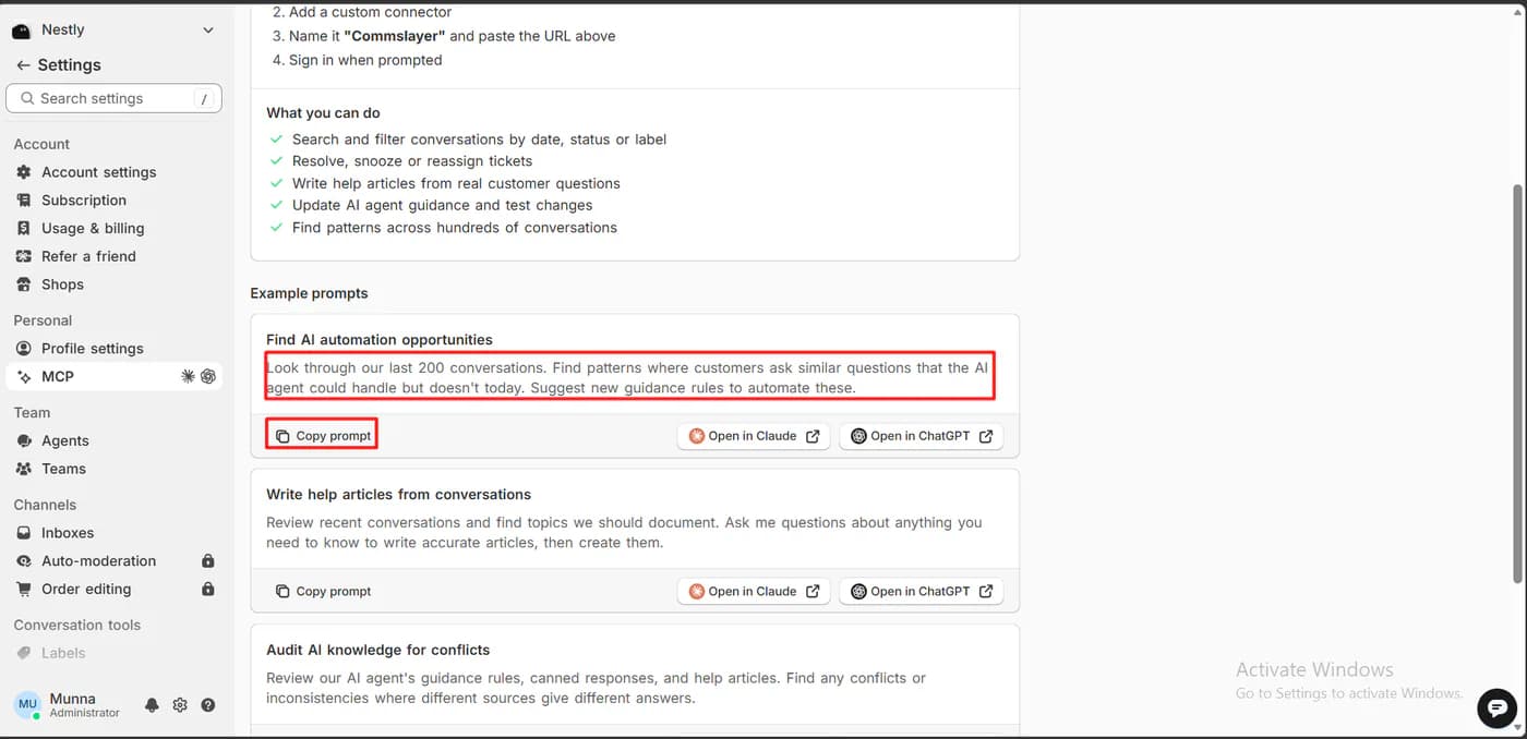 Commslayer MCP settings listing what you can do from Claude or ChatGPT, such as searching conversations and updating AI agent guidance, with example prompts and open in Claude and open in ChatGPT buttons