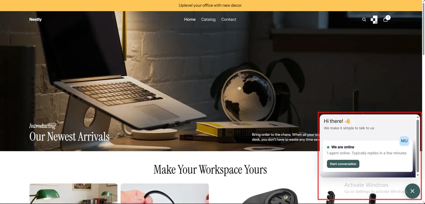 Nestly storefront with the Commslayer widget open, showing hi there, we are online, one agent online, typically replies in a few minutes, and a start conversation button