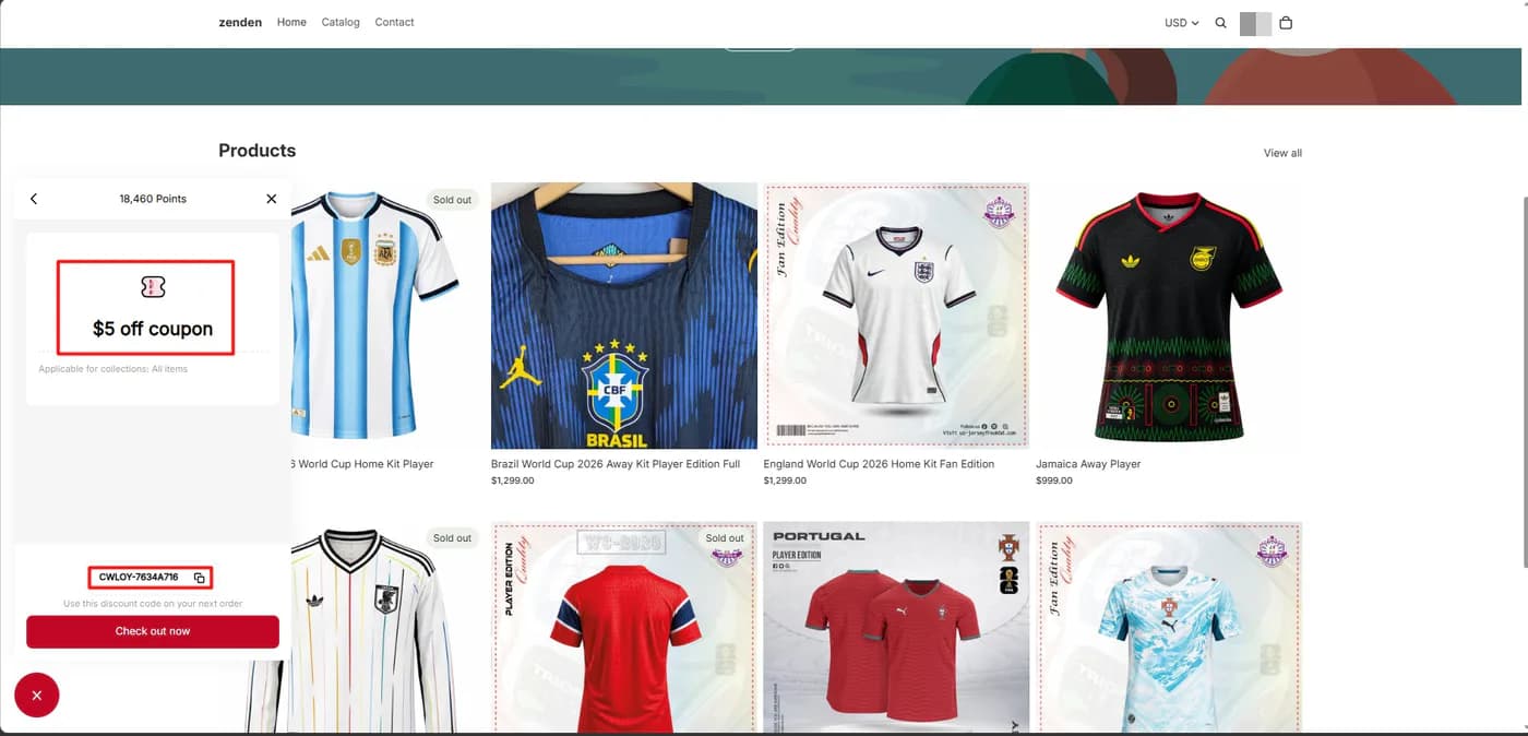 CWILL Loyalty storefront rewards panel showing a balance of 18,460 points and a five dollar off coupon with a discount code and a check out now button