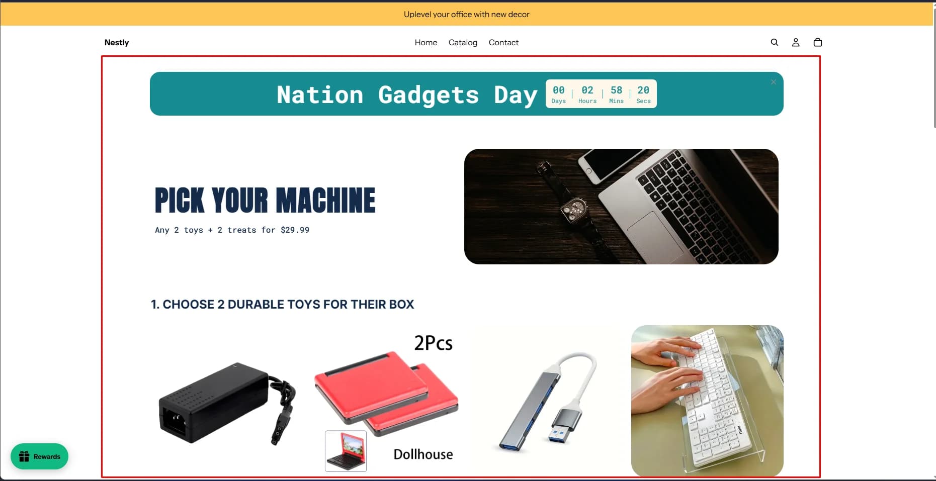 Storefront preview of a build-a-box page with a countdown banner, a "Pick your machine" split banner that still reads "Any 2 toys + 2 treats for $29.99", and a first step heading about choosing durable toys