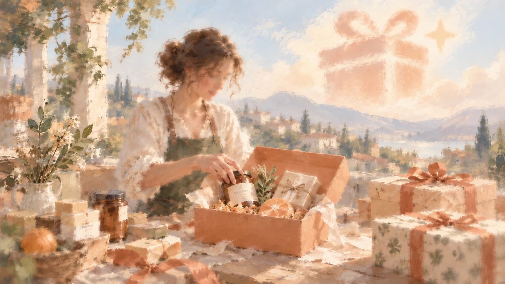 An impressionist painting of a woman placing a jar into an open gift box on a sunlit terrace, with wrapped presents and a soft gift-box shape in the sky.