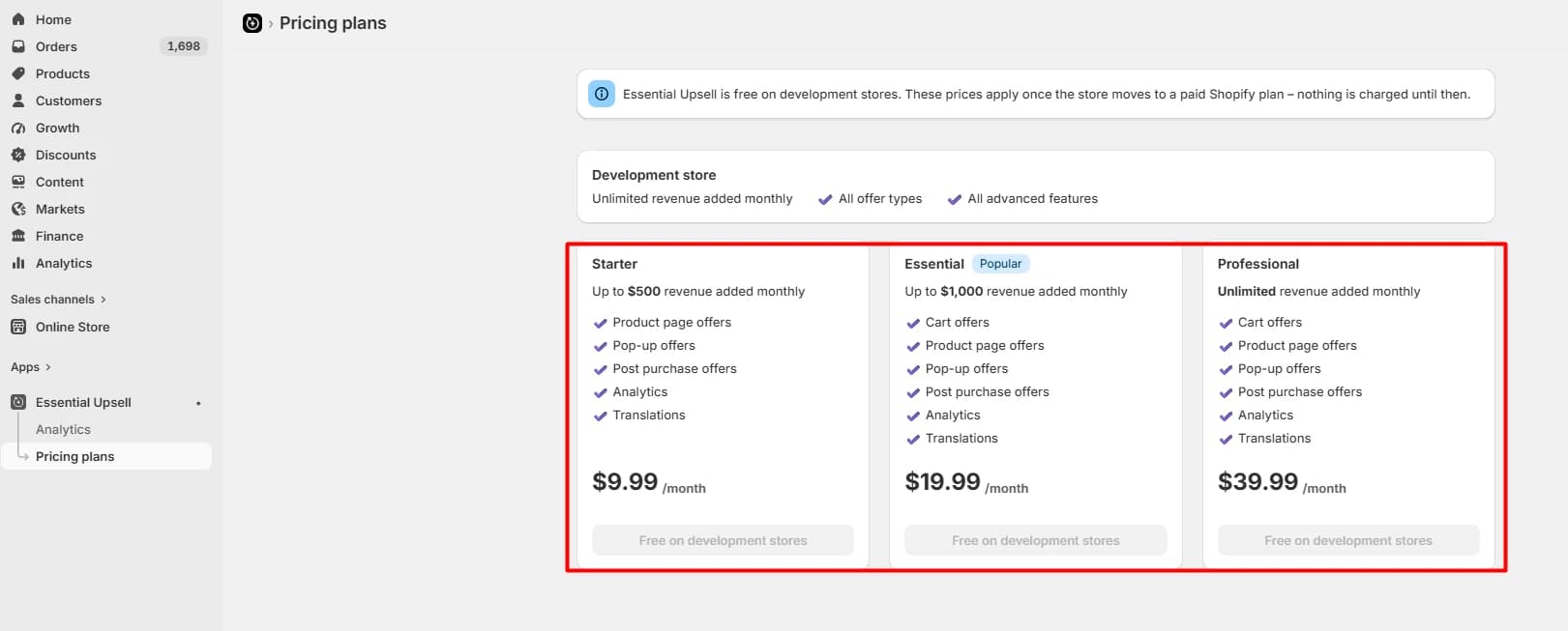 Essential Upsell & Cross Sell pricing showing the development-store terms and the Starter, Essential, and Professional plans