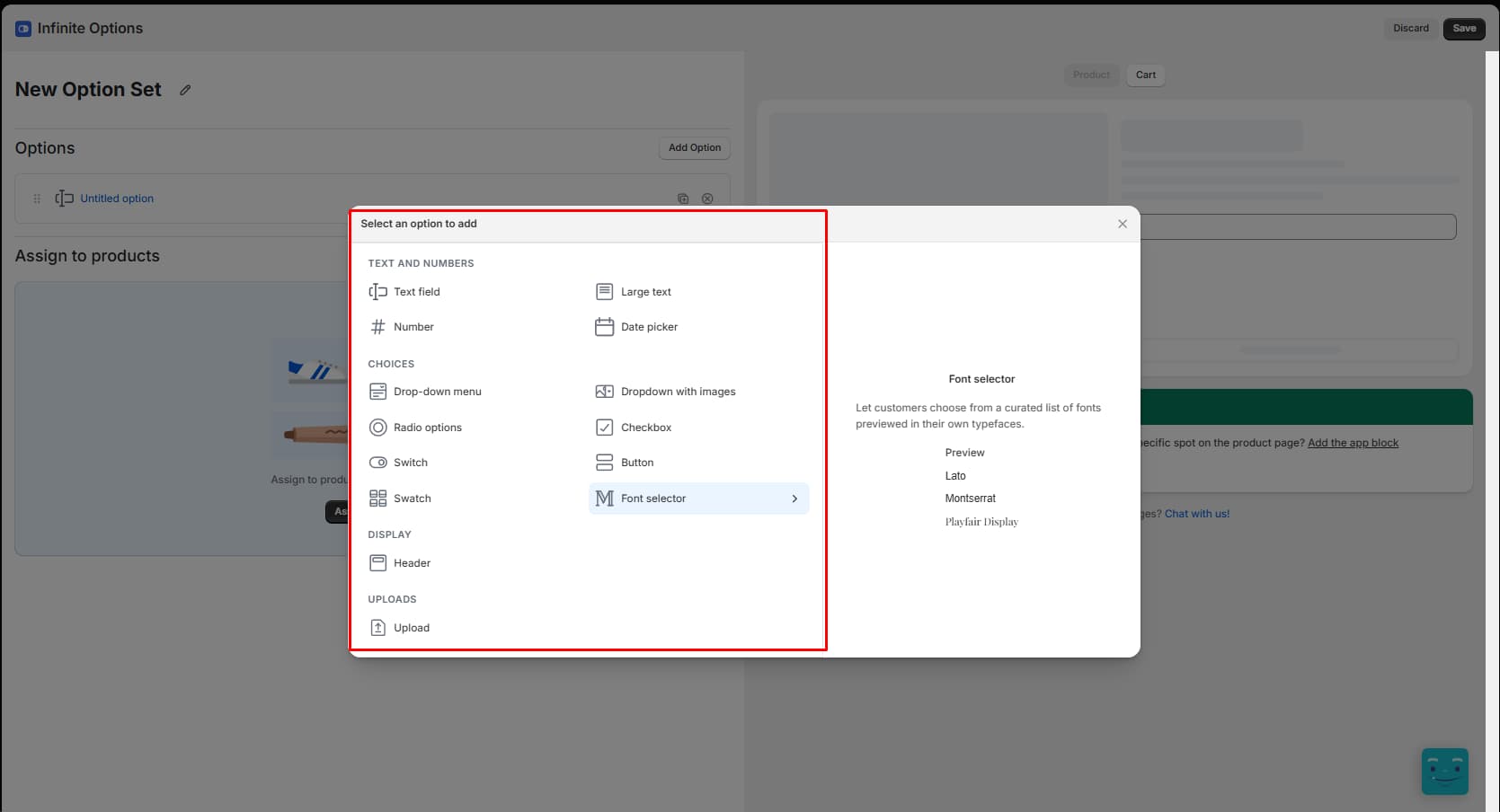 Infinite Options Select an option to add window listing option types under Text and numbers, Choices, Display, and Uploads, with a Font selector preview showing Lato, Montserrat, and Playfair Display