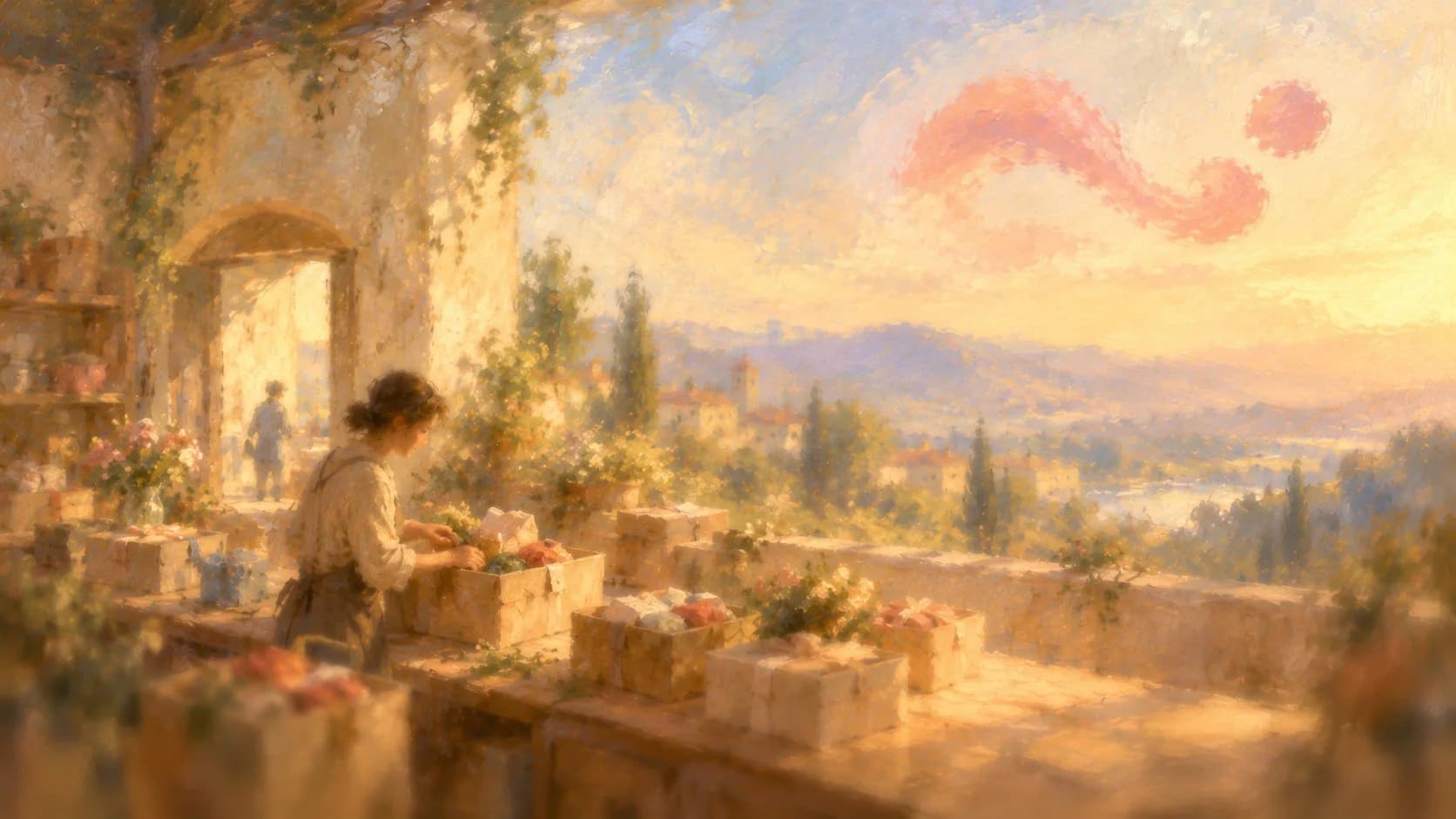 Oil painting of a woman packing ribboned gift boxes on a sunlit stone terrace beside an arched doorway, overlooking hills and a distant town under a soft coral swirl of cloud