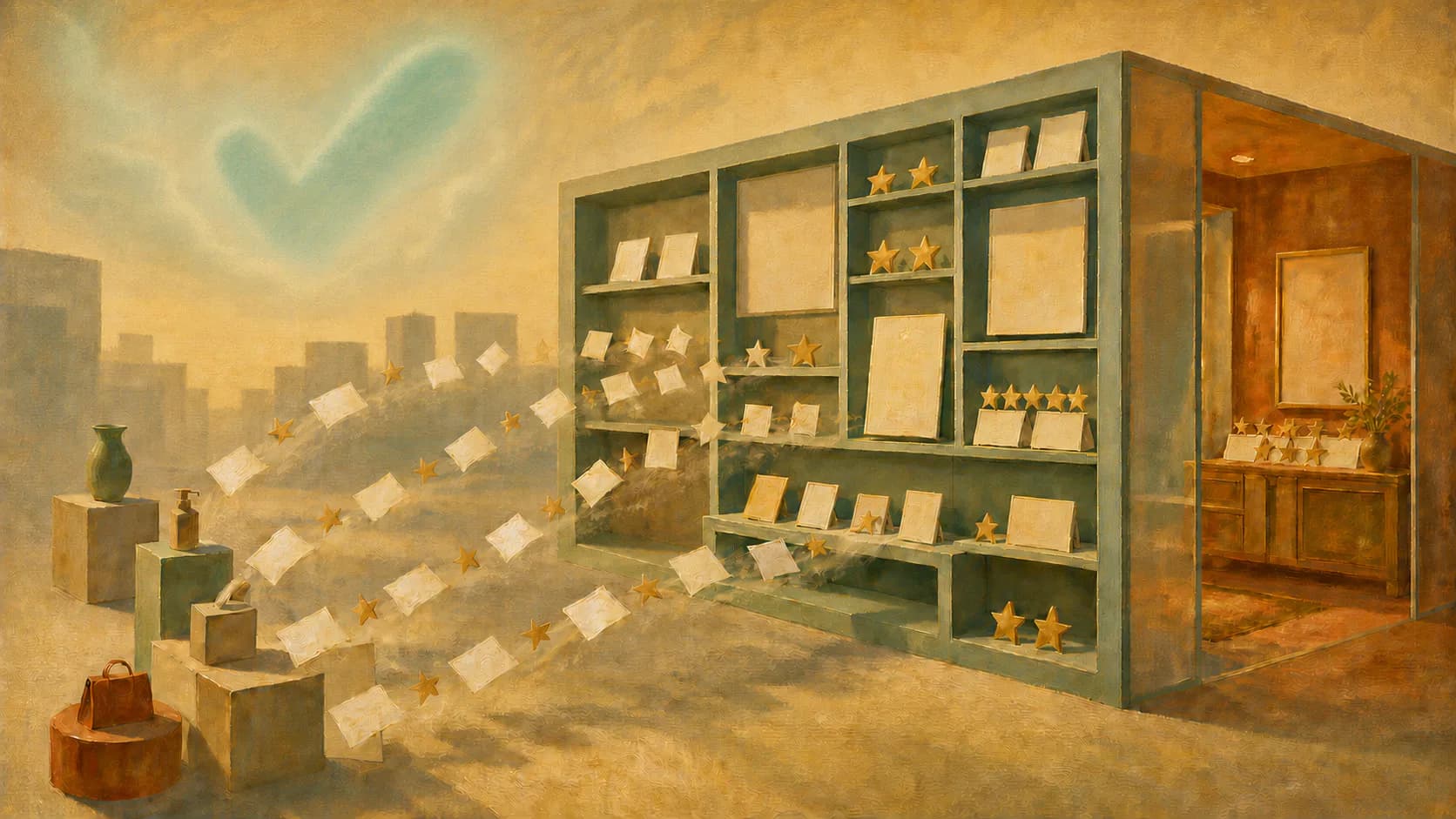Feedback cards and rating symbols flowing into a painted review display beneath a check-shaped sky formation