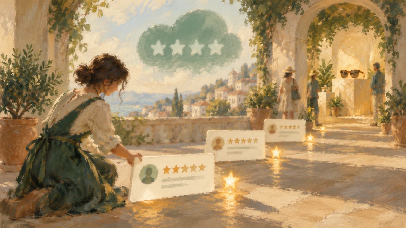 A painted merchant kneeling on a sunlit terrace, setting out star-rated review cards that glow along the stone floor toward a distant storefront, beneath a soft green cloud formation carrying four faint stars.