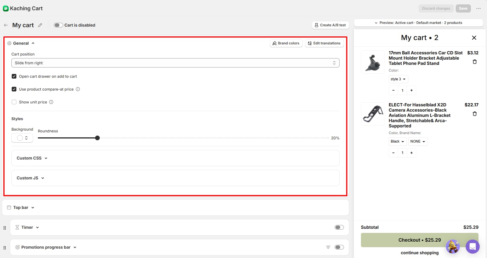 Kaching Cart drawer editor showing general cart settings and the desktop preview