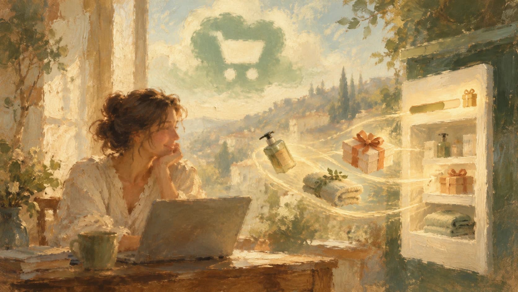 A soft vintage oil painting of a merchant beside an abstract shopping cart drawer, with floating gifts and a blurred green cart emblem in the sky.