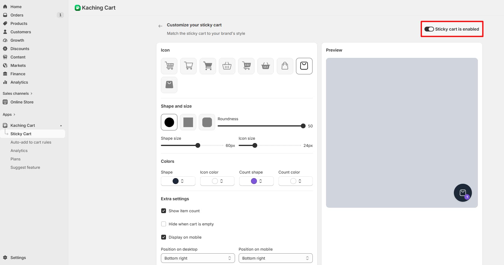 Kaching Sticky Cart editor showing icon, color, size, and position settings