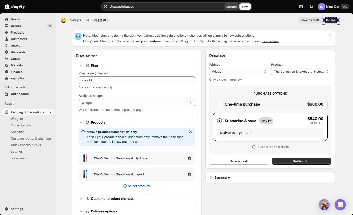 Kaching Subscriptions plan preview comparing a $600 one-time purchase to a $540 Subscribe and Save price, with the Publish button visible