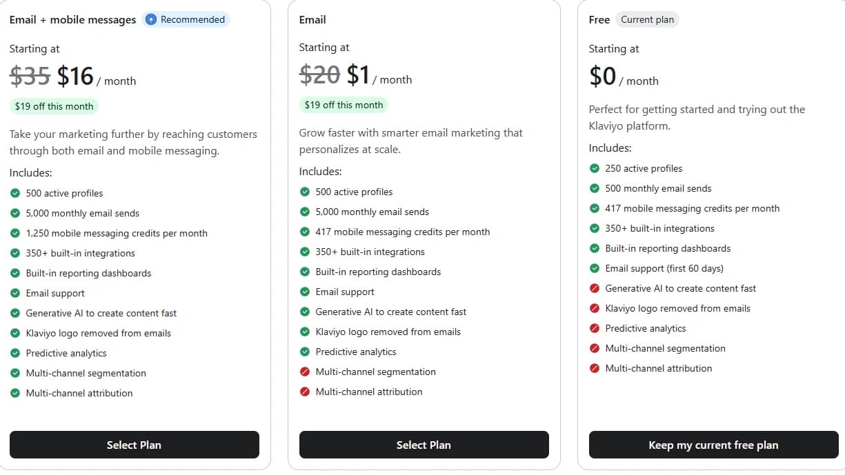 Klaviyo pricing screen