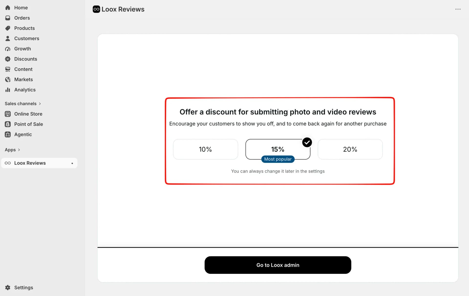 Loox onboarding offering 10%, 15%, and 20% discounts for photo and video reviews, with 15% selected