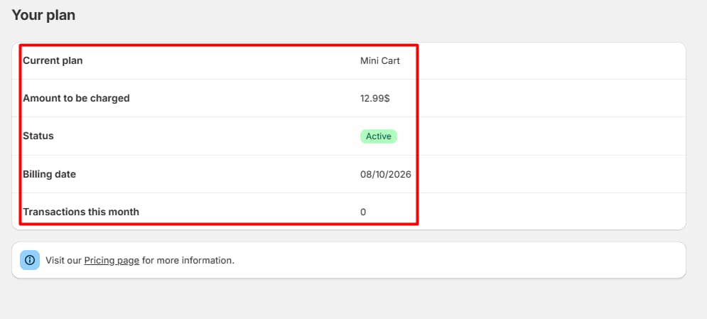Monster Cart plan screen from our test account