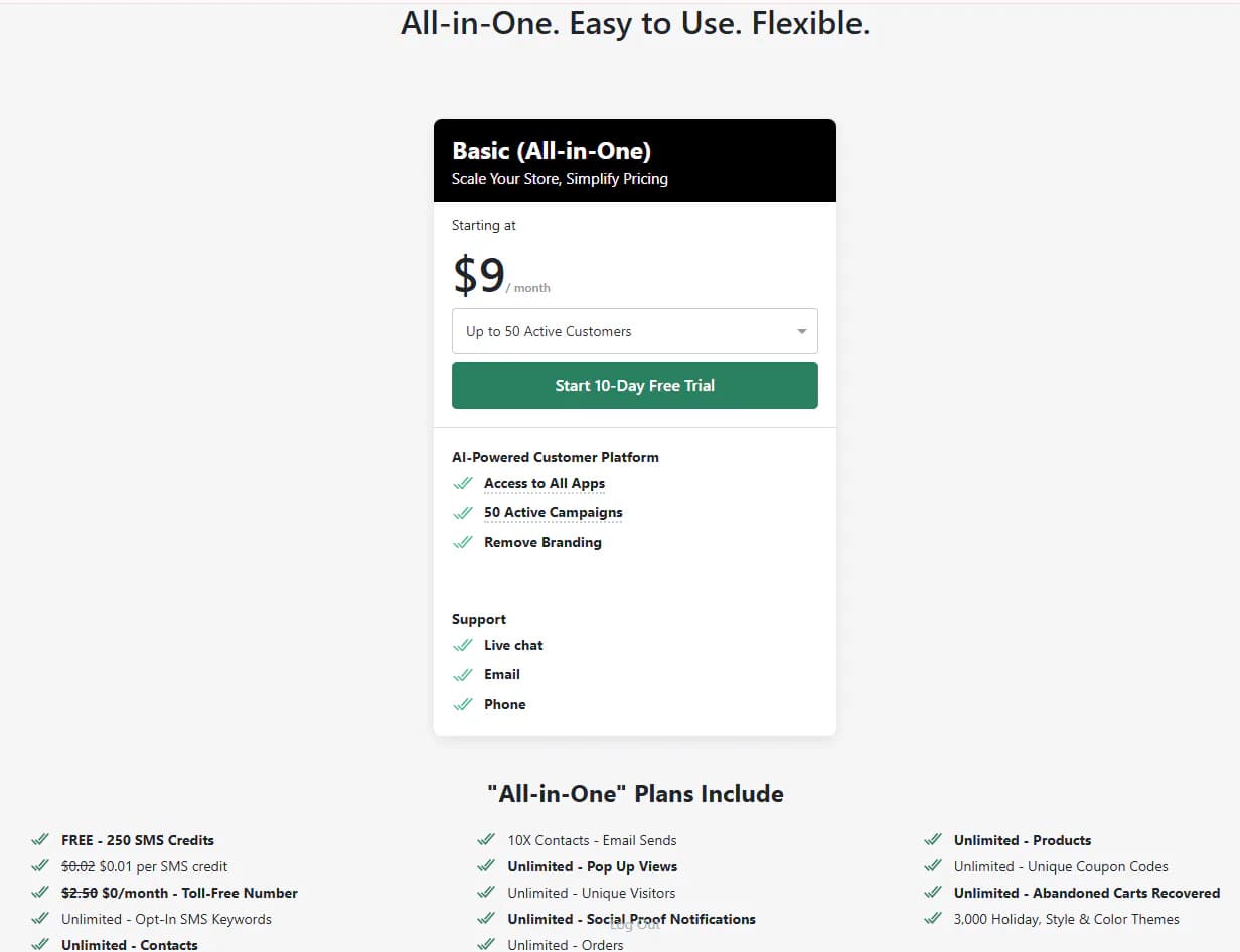 ONE Basic All-in-One plan starting at $9 per month for up to 50 active customers with a 10-day free trial and the list of included features