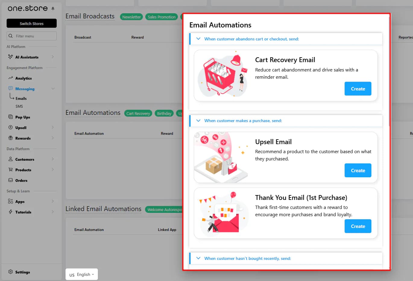 ONE Email Automations picker grouping Cart Recovery, Upsell and Thank You emails under the customer action that triggers them
