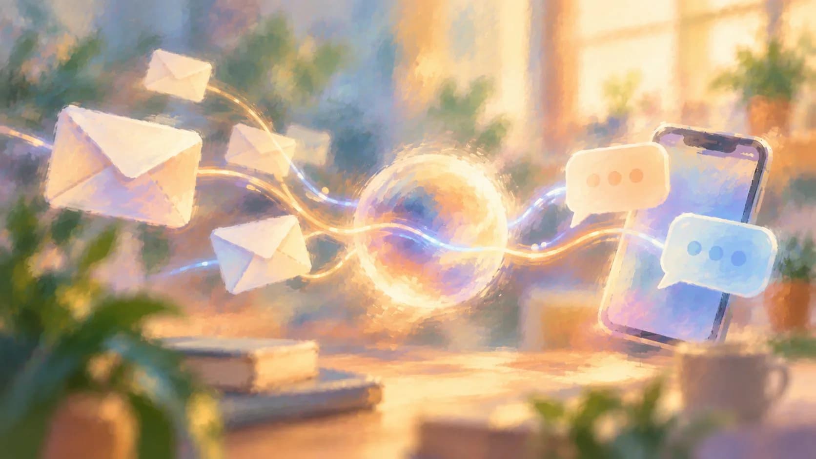 A soft impressionist painting of email envelopes flowing through a glowing sphere and turning into chat bubbles beside a phone on a sunlit desk.