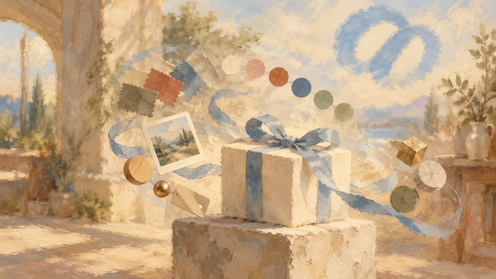 An impressionist painting of a cream gift box tied with a pale blue ribbon on a stone plinth in a sunlit courtyard, with fabric swatches, color circles, a photo print, and a wooden tag swirling around it and a blue infinity shape in the sky.