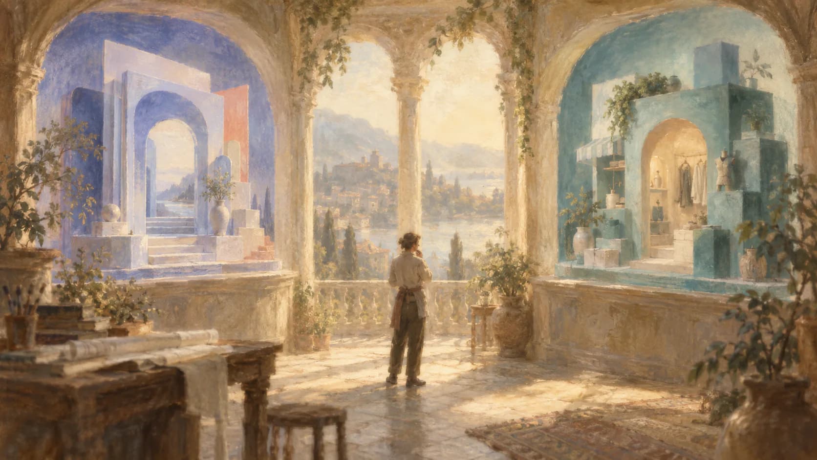 A painterly merchant comparing two architectural page-building concepts in a sunlit atelier