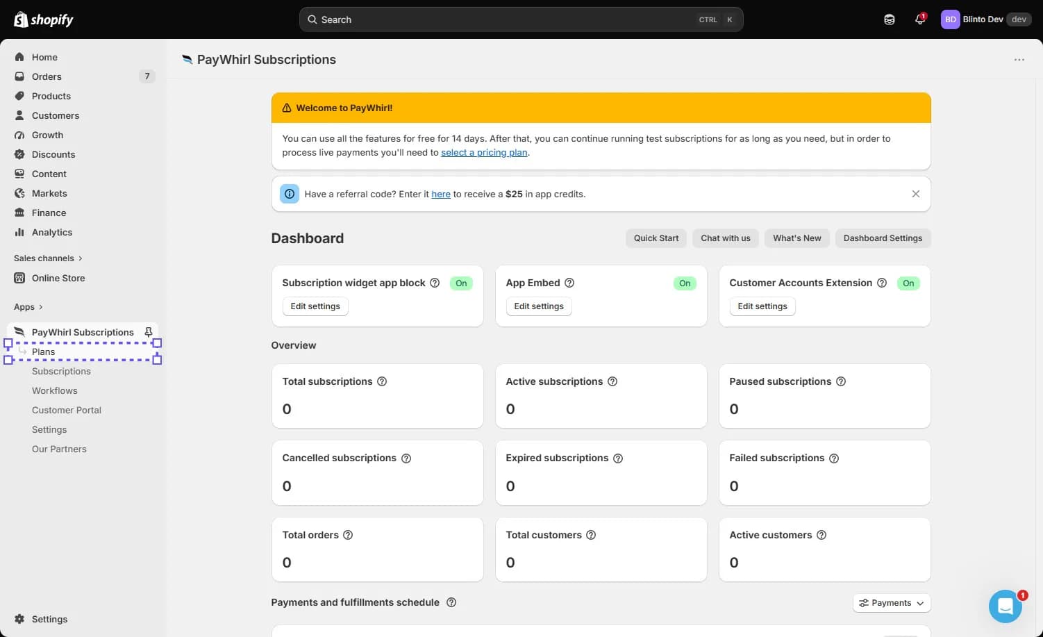 PayWhirl Subscriptions dashboard in the Shopify admin with a 14-day trial notice, the subscription widget app block, app embed, and customer accounts extension switched on, and overview counters for subscriptions, orders, and customers