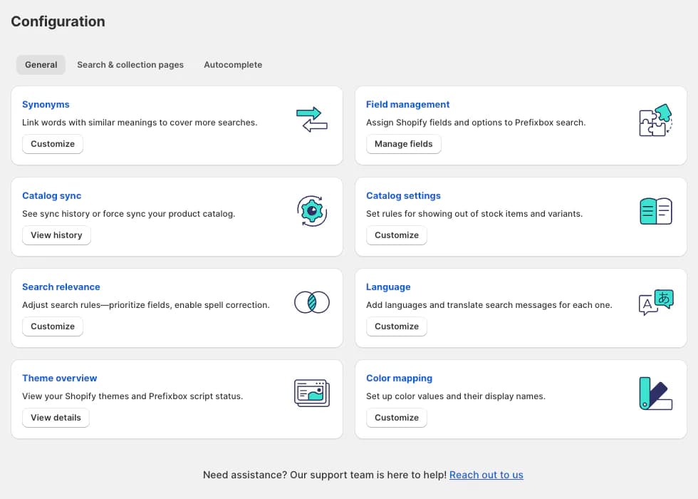Prefixbox Configuration page with General, Search & collection pages and Autocomplete tabs, and cards for Synonyms, Field management, Catalog sync, Catalog settings, Search relevance, Language, Theme overview and Color mapping
