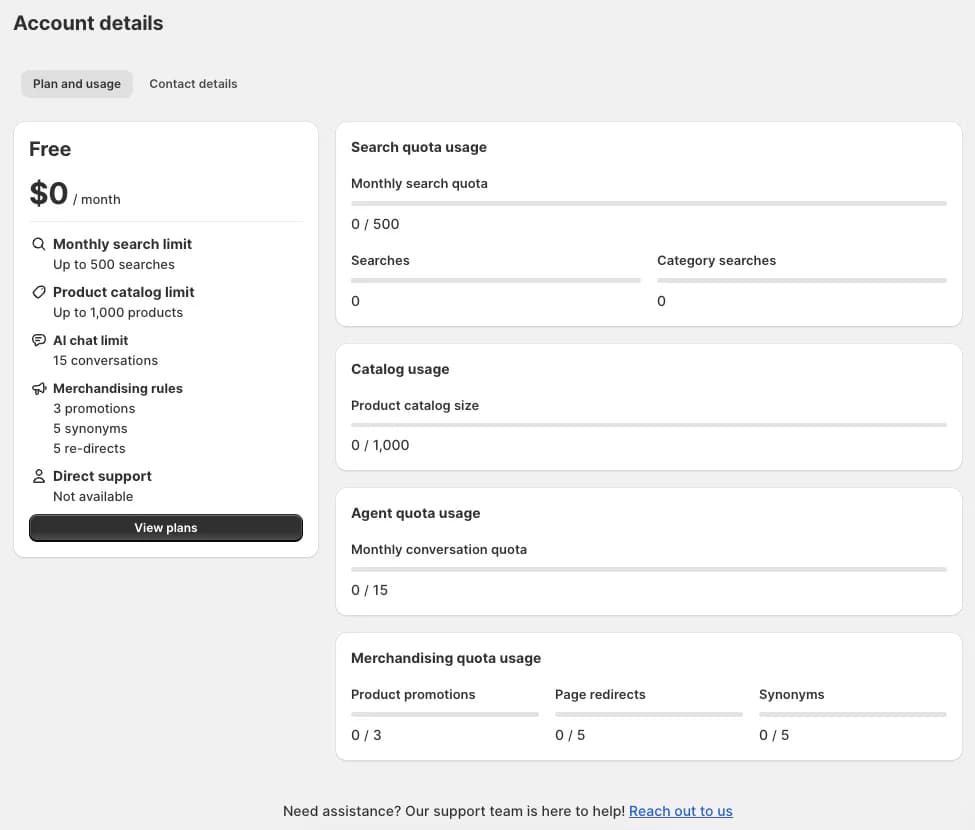 Prefixbox Account details showing the Free plan at $0 a month with up to 500 searches, 1,000 products, 15 AI chat conversations, 3 promotions, 5 synonyms, 5 redirects and direct support not available, beside usage bars that split the search quota into Searches and Category searches