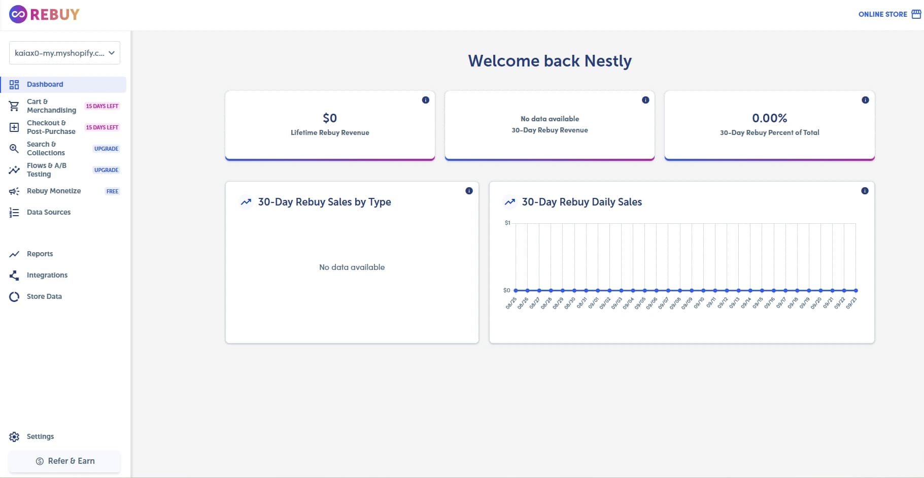 Rebuy dashboard showing revenue overview and navigation