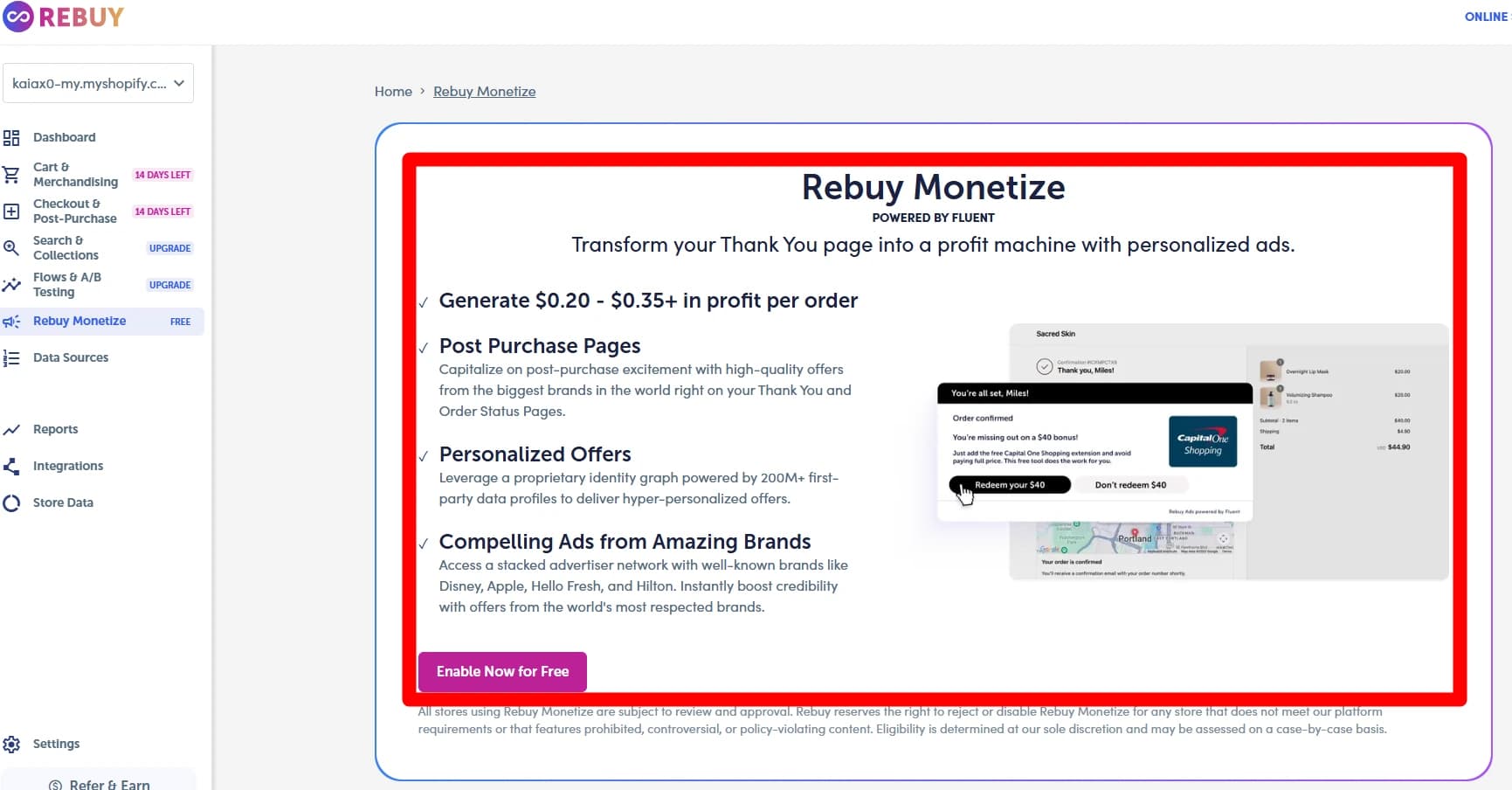Rebuy Monetize post-purchase advertising feature screen