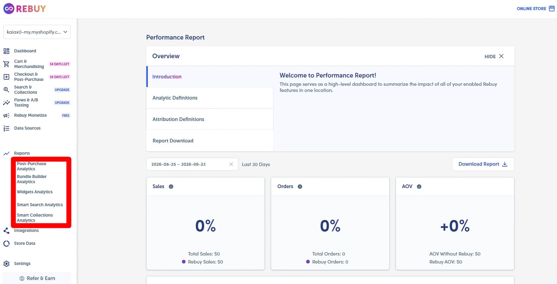 Rebuy Performance Report showing sales orders and AOV metrics