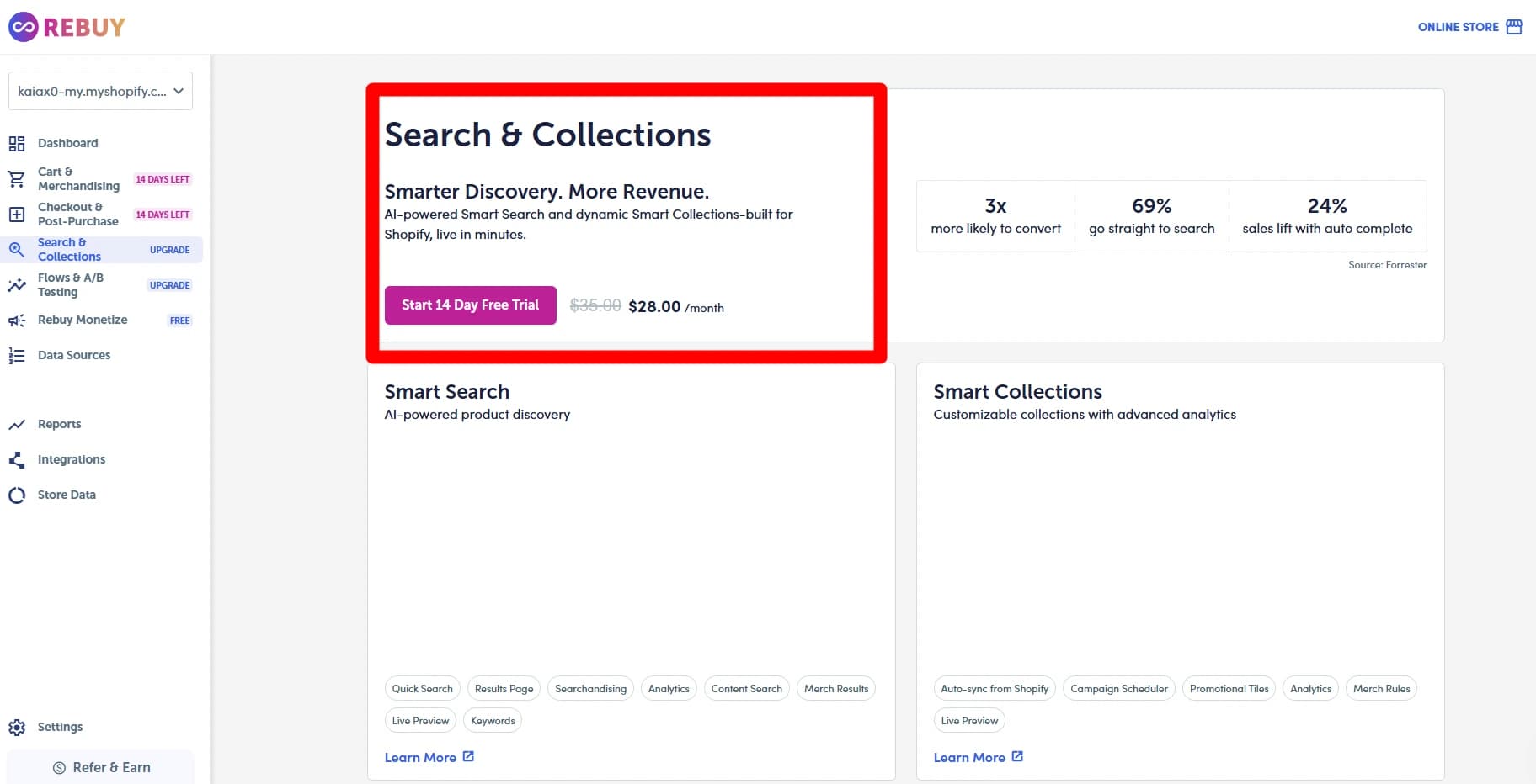 Rebuy Search and Collections feature screen