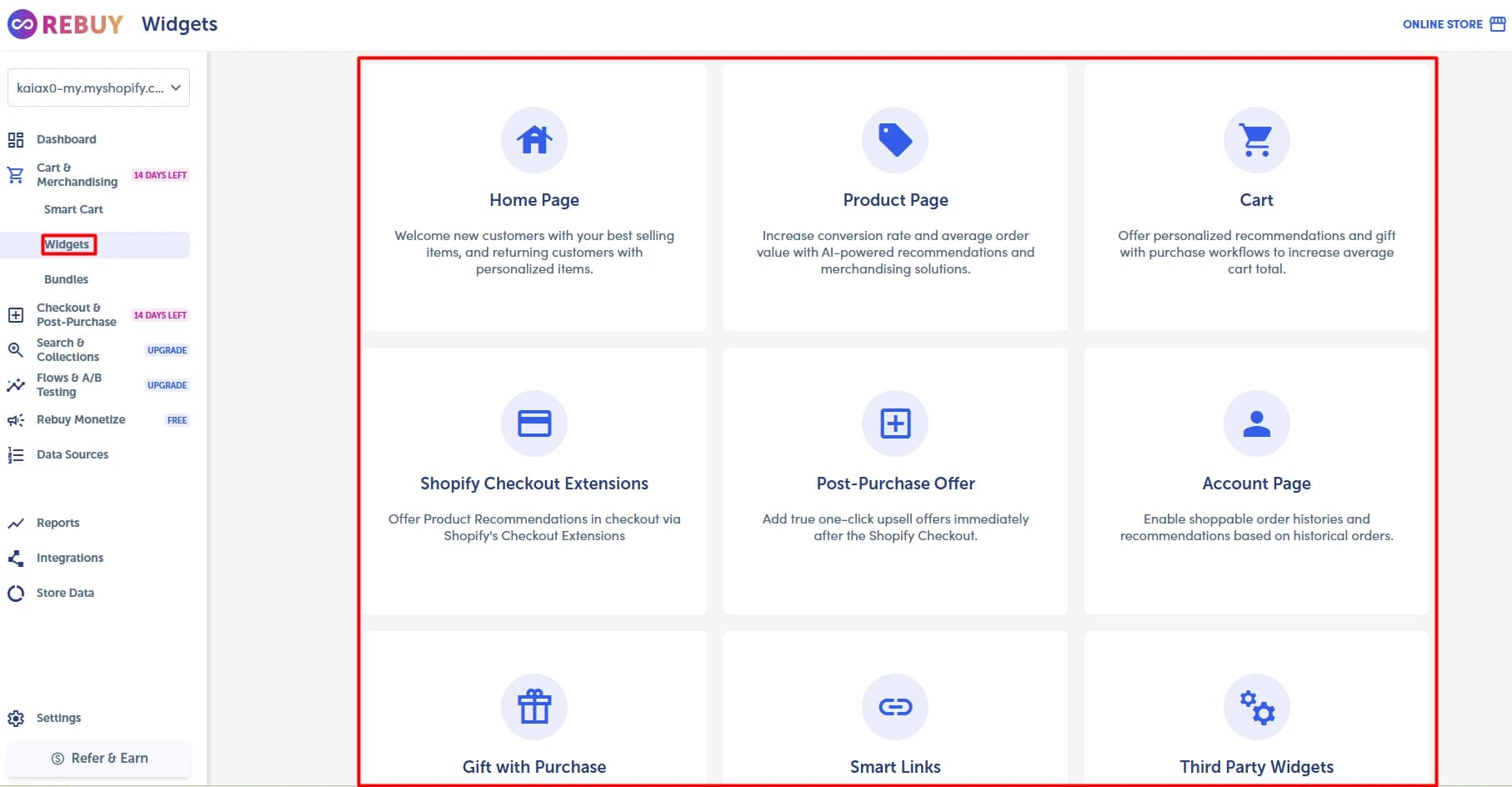 Rebuy merchandising widgets for different shopping journey pages
