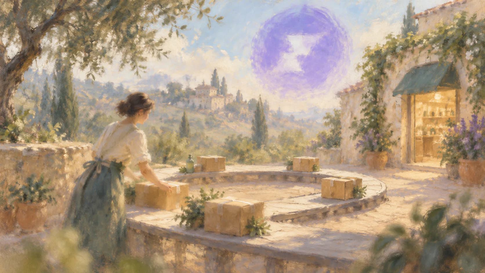 A merchant setting parcels along a looping stone terrace path beneath a soft violet sky emblem, with a sunlit shop doorway nearby