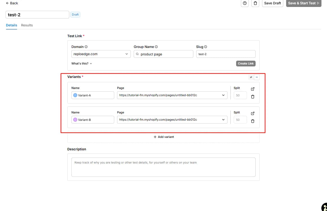 Replo A/B testing setup showing a test URL, two page variants and an even traffic split
