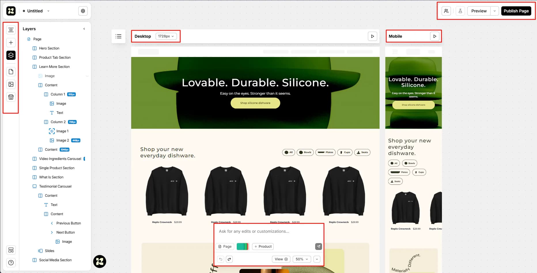 Replo editor showing a layer tree, desktop and mobile page canvases, preview controls and an AI edit prompt