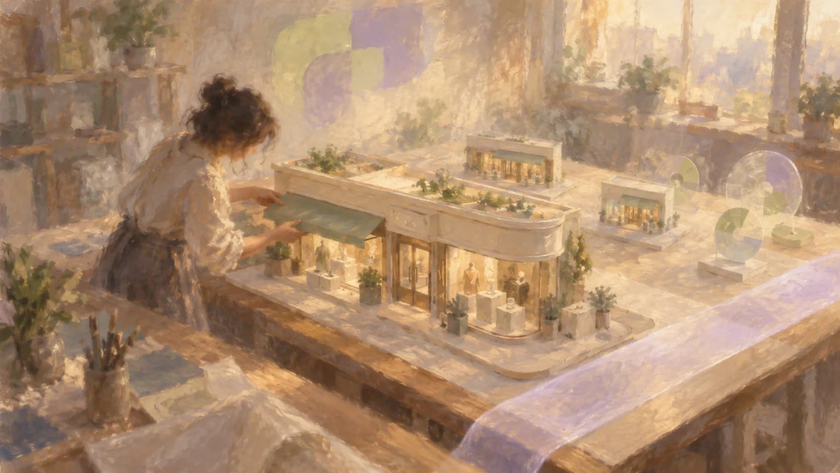 A designer arranging a miniature storefront model on a studio table beneath a blurred Replo-inspired emblem