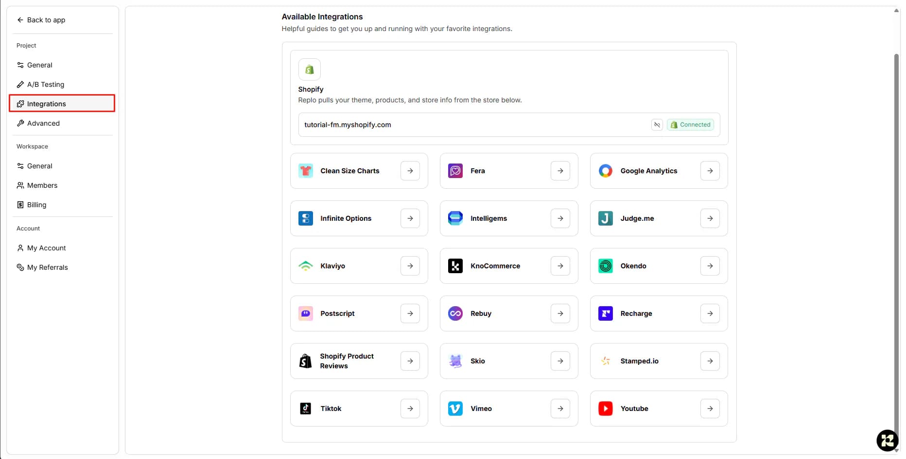 Replo integrations catalog listing Shopify plus review, subscription, marketing and analytics tools