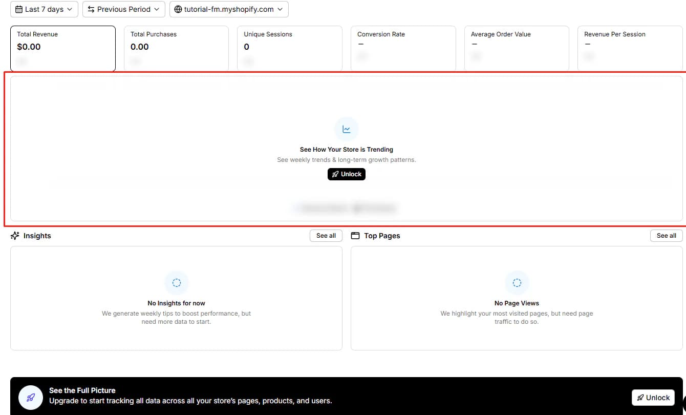 Replo analytics dashboard showing metric cards alongside Unlock and upgrade prompts for full tracking